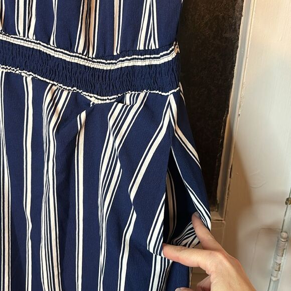 Bloomchic Women’s Navy Blue and White Striped Collared Ruffled Mini Dress 14/16 - Picture 5 of 6